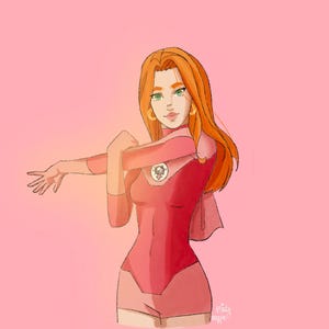 Könnte beinhalten: Illustration einer Superheldin in einem rosa und roten Body, die ihren Arm über ihren Körper streckt. Sie hat lange orange Haare, grüne Augen und goldene Creolen. Ein Symbol befindet sich auf ihrer Brust. Der Hintergrund ist einfarbig rosa.