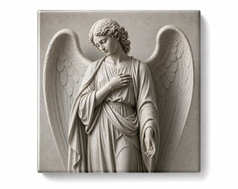 Azulejo de cerámica con diseño de ángel de 11 x 11 cm – Arte mural religioso minimalista, decoración de ángel guardián, regalo espiritual.