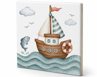 Quadro con barca a vela per la cameretta dei bambini - Decorazione nautica per la cameretta, stampa ad acquerello di una barca, illustrazione a tema oceano per la cameretta del bambino.