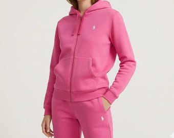 Polo Ralph Lauren Style Pink Fleece Zip Hoodie Joggers Tracksuit Sweatsuit Set