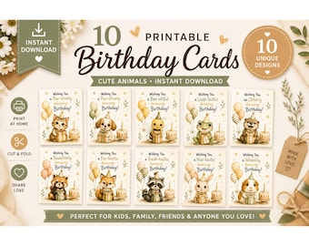 Lot de cartes d'anniversaire animaux | 10 modèles imprimables (téléchargement instantané)