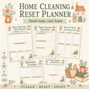 Home Cleaning Planner Printable, Cleaning Checklist, Weekly Cleaning Schedule, Room by Room Cleaning List, Declutter Tracker