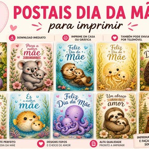 Może przedstawiać: Zestaw 10 pocztówek na Dzień Matki z akwarelowymi ilustracjami zwierząt, w tym hipopotama, koali, wydry, meduzy, jeża, pandy rudej, rozdymki, ośmiornicy, leniwca i niedźwiedzia, każda z matką i dzieckiem.
