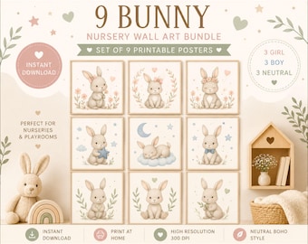 9 impressions d'art murales lapin pour chambre d'enfant | Décoration bohème aquarelle (téléchargement numérique)