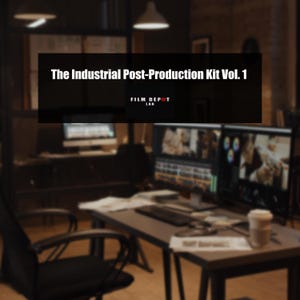May include: A dimly lit workspace featuring computer monitors displaying video editing software. The text "The Industrial Post-Production Kit Vol. 1" is displayed prominently, with "FILM DEPOT LAB" below it. A coffee cup and keyboard are on the desk.