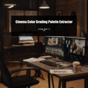 Puede incluir: Un espacio de trabajo con poca luz con un escritorio, monitores de computadora y una silla. El texto "Cinema Color Grading Palette Extractor" se muestra en un rectángulo negro. El logotipo de Film Depot Lab está debajo.