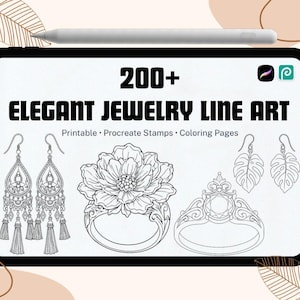 Può includere: Un tablet digitale mostra disegni di gioielli a linea, tra cui orecchini, anelli e un fiore. Il testo recita "200+ ELEGANT JEWELRY LINE ART" con testo aggiuntivo che indica timbri Procreate stampabili e pagine da colorare. Uno stilo è appoggiato sopra.