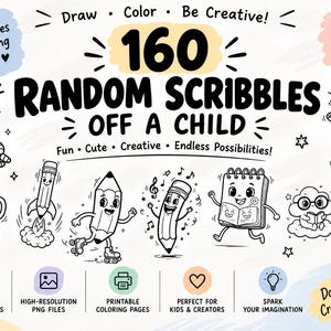 Pode incluir: Uma coleção digital intitulada 160 Random Scribbles Off A Child com ilustrações de linhas em preto e branco de objetos antropomórficos, incluindo uma caneca de café em patins, um lápis foguete, um caderno e um relógio com braços e pernas.