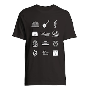 Tillbaka till framtiden t-shirt med grafisk design i vitt, ljusgrått, ljusblått eller svart, unisex komfortpassform