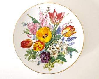 Farbenfroher, limitierter Vintage Sammelteller von HUTSCHENREUTHER, Titel "Osterstrauß", nach dem Original von Ursula Band - mit Goldrand