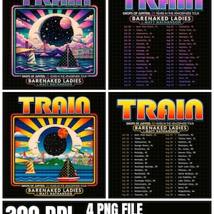 May include: A digital graphic featuring the text TRAIN and DROPS OF JUPITER: 25 YEARS IN THE ATMOSPHERE TOUR BARENAKED LADIES & MATT NATHANSON. The artwork displays a sailboat, lighthouse, bridge, and celestial bodies against a dark grid background.