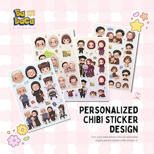 May include: Four sheets of personalized chibi sticker designs featuring cartoon illustrations of families and couples. The stickers include text that reads "PERSONALIZED CHIBI STICKER DESIGN" and "Ba Baca Design Grafis". The background is light pink with decorative elements.