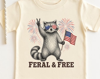 Feral and Free Kids Shirt, Raccoon 4th of July Toddler Tee, USA 250th Anniversary Youth Shirt, American Baby Bodysuits, Red White Blue Shirt