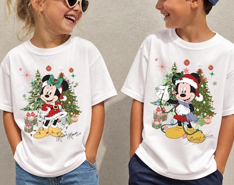 Vintage Disney Mickey And Minnie Signature Christmas Kids T-shirt, Mickey's Verry Merry Christmas Party Walt Disney World Christmas Trip Tee