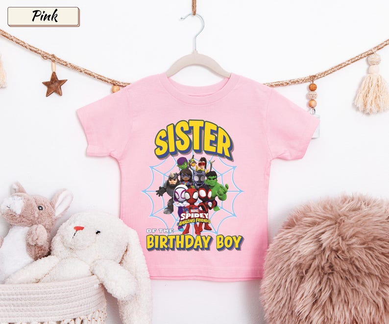 May include: A light pink short-sleeved t-shirt featuring a graphic of Marvel Spidey and His Amazing Friends characters centered within a blue spiderweb. The text reads SISTER OF THE BIRTHDAY BOY in yellow block letters with a dark blue outline.