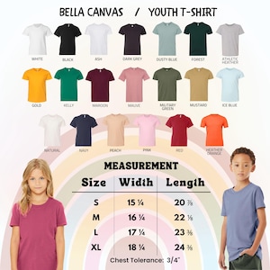 May include: A product image showcasing a variety of youth t-shirts in various colors, including white, black, and navy. The image also displays a size chart with measurements in inches: S (15 1/4" width, 20 7/8" length), M (16 1/4" width, 22 1/8" length), L (17 1/4" width, 23 3/8" length), and XL (18 1/4" width, 24 3/8" length).