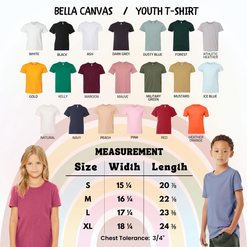 May include: A product image showcasing a variety of youth t-shirts in various colors, including white, black, and navy. The image also displays a size chart with measurements in inches: S (15 1/4" width, 20 7/8" length), M (16 1/4" width, 22 1/8" length), L (17 1/4" width, 23 3/8" length), and XL (18 1/4" width, 24 3/8" length).