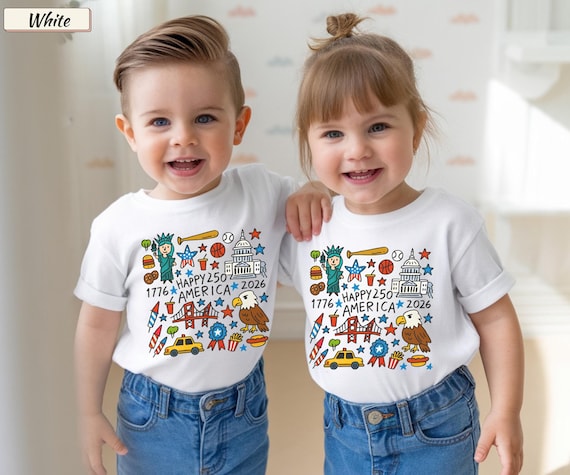 Happy 250th America Kids T-Shirt, 1776-2026 USA 250th Anniversary Family Shirt, Kids Doodle Patriotic USA Tee