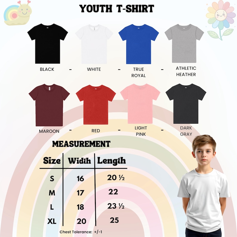 K&ouml;nnte beinhalten: Pr&auml;sentation von Jugend-T-Shirts in verschiedenen Farben, darunter Schwarz, Wei&szlig; und Rot. Das Bild enth&auml;lt eine Gr&ouml;&szlig;entabelle mit den Gr&ouml;&szlig;en S bis XL, mit Breiten von 40.6 bis 50.8 cm und L&auml;ngen von 52.1 bis 63.5 cm. Der Text "YOUTH T-SHIRT" steht oben.