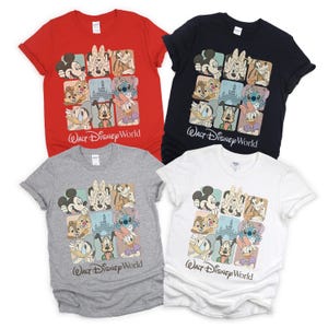 May include: Four short-sleeve t-shirts in red, black, gray, and white. Each shirt features a grid graphic of Disney characters including Mickey, Minnie, Stitch, and Donald Duck, with the text Walt Disney World printed below the character grid.