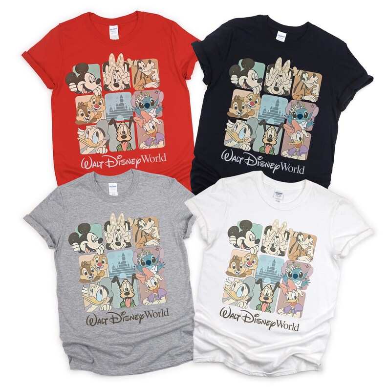 May include: Four short-sleeve t-shirts in red, black, gray, and white. Each shirt features a grid graphic of Disney characters including Mickey, Minnie, Stitch, and Donald Duck, with the text Walt Disney World printed below the character grid.