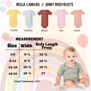 May include: A product image showcasing five baby bodysuits in yellow, ice blue, mauve, pink, and peach. The image includes a measurement chart with sizes 3-6, 6-12, 12-18, and 18-24 months, with width and body length measurements in inches.