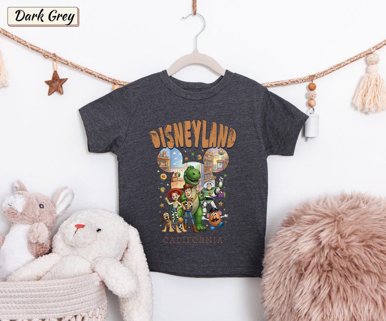 May include: Dark grey t-shirt featuring a Disneyland design with cartoon characters. The word "Disneyland" is in orange, with the word "California" below. The shirt is hanging on a wooden hanger.