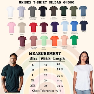 K&ouml;nnte beinhalten: Produktbild mit Gildan 64000 Unisex-T-Shirts in verschiedenen Farben, darunter Wei&szlig;, Schwarz und Rosa. Die Gr&ouml;&szlig;entabelle zeigt die Ma&szlig;e in Zentimetern. Die Breitenmessungen sind 45,7 cm bis 66 cm, und die L&auml;ngenmessungen sind 71,1 cm bis 82,5 cm.