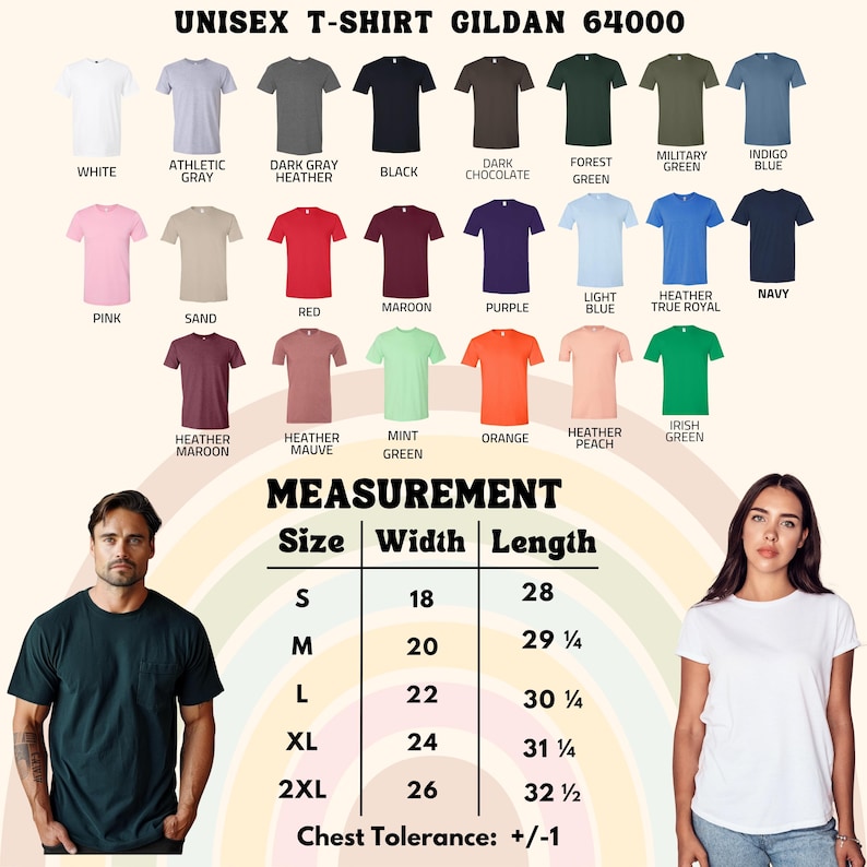 K&ouml;nnte beinhalten: Produktbild mit Gildan 64000 Unisex-T-Shirts in verschiedenen Farben, darunter Wei&szlig;, Schwarz und Rosa. Die Gr&ouml;&szlig;entabelle zeigt die Ma&szlig;e in Zentimetern. Die Breitenmessungen sind 45,7 cm bis 66 cm, und die L&auml;ngenmessungen sind 71,1 cm bis 82,5 cm.