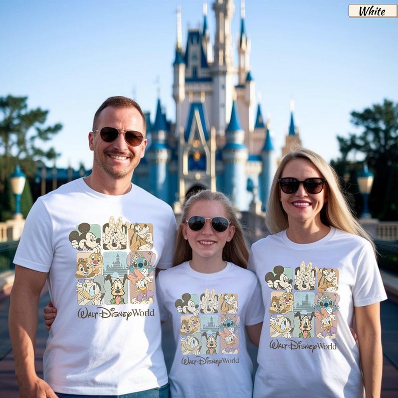 May include: A white t-shirt featuring a grid of Disney character illustrations including Mickey Mouse, Minnie Mouse, Stitch, Donald Duck, and Goofy, with the text Walt Disney World printed in a script font below the graphic design.