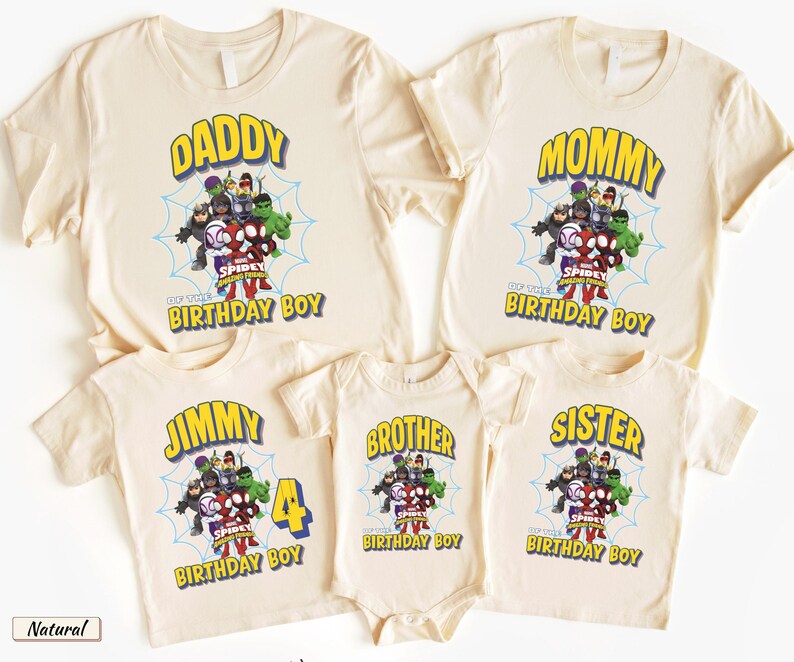 May include: A collection of five cream-colored t-shirts and one bodysuit featuring a graphic of Spidey and His Amazing Friends characters over a blue spiderweb. The shirts include text such as DADDY, MOMMY, JIMMY, BROTHER, SISTER, and BIRTHDAY BOY.
