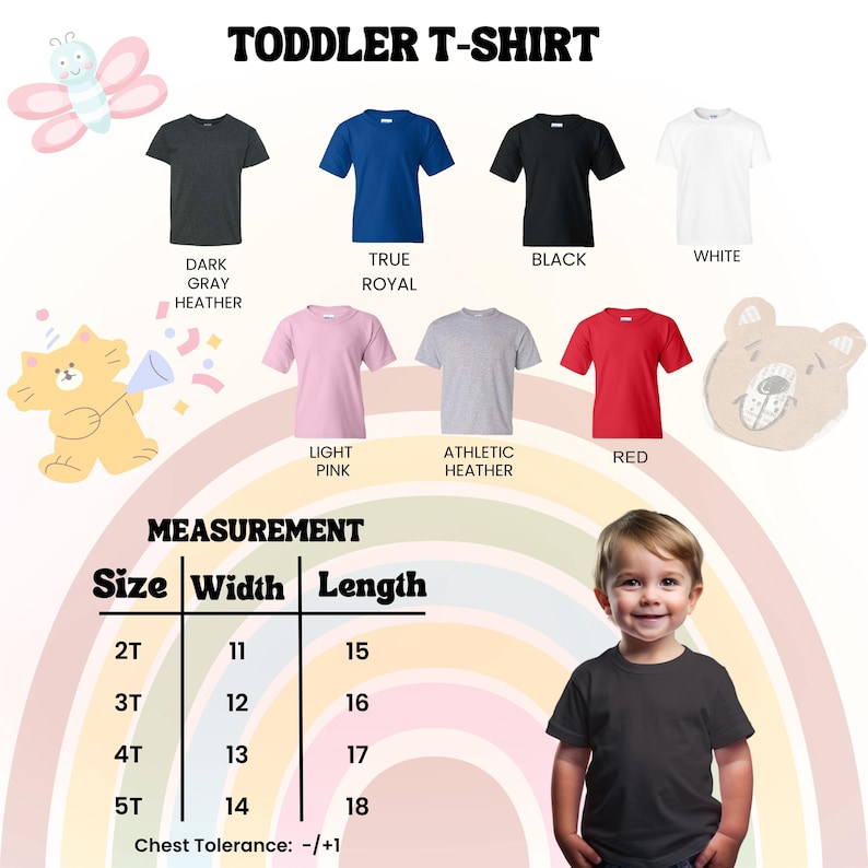 K&ouml;nnte beinhalten: Verschiedene T-Shirts f&uuml;r Kleinkinder in verschiedenen Farben: Dunkelgrau, K&ouml;nigsblau, Schwarz, Wei&szlig;, Hellrosa, Athletic Heather und Rot. Das Bild enth&auml;lt eine Gr&ouml;&szlig;entabelle mit Ma&szlig;en in Zentimetern und ein Kind, das ein schwarzes T-Shirt tr&auml;gt.