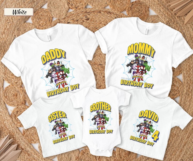 May include: A set of five white t-shirts and one white baby bodysuit featuring a graphic of Marvel Spidey and His Amazing Friends characters on a spiderweb. Each garment includes yellow text identifying family roles and the birthday boy's name.