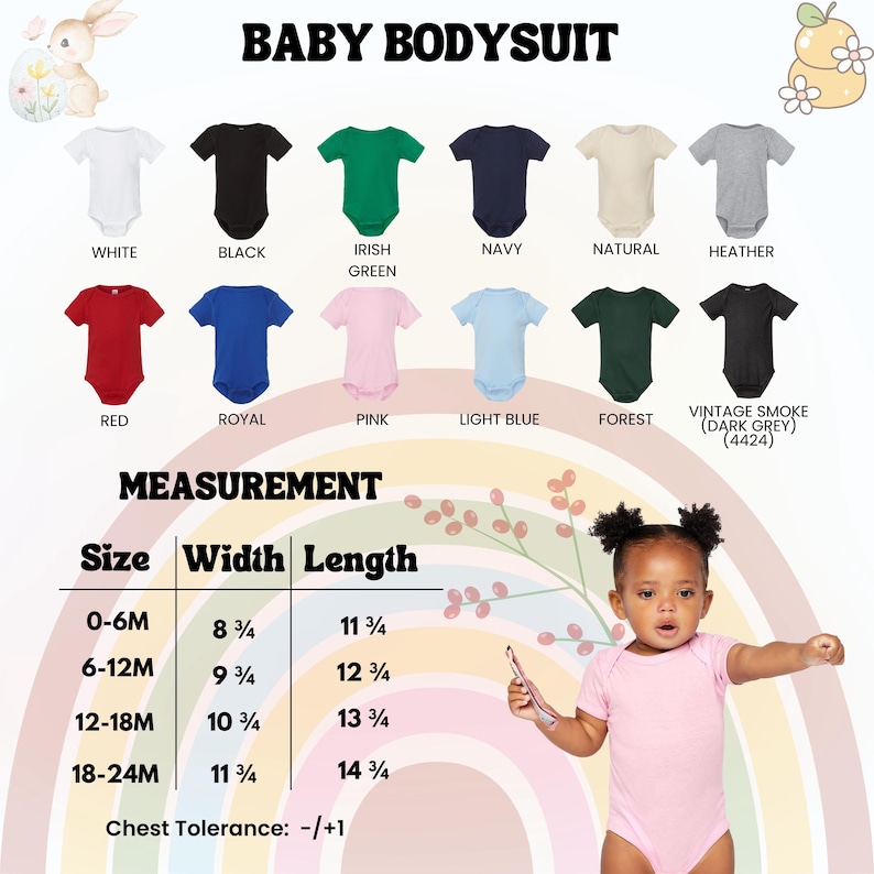 K&ouml;nnte beinhalten: Eine Auswahl an Baby-Bodys in verschiedenen Farben, darunter Wei&szlig;, Schwarz und Rot. Das Bild zeigt den Text "BABY BODYSUIT" und eine Gr&ouml;&szlig;entabelle mit Ma&szlig;en in Zoll. Die Bodys sind in Gr&ouml;&szlig;en von 0-6 Monaten bis 18-24 Monaten erh&auml;ltlich.