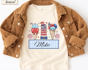 Kids Patriotic Ice Cream Cone Shirt, Personalized July 4th Toddler Shirt, USA Flag Kids Shirt, Custom Name American Kids Tee, 4th July Shirt