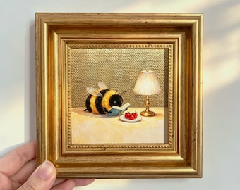 Mini Insect Gold Leaf Oil Painting "Cozy Bedtime Reader Bee" – Reading Art Decor, Gift for Bookworms and Bee Lovers