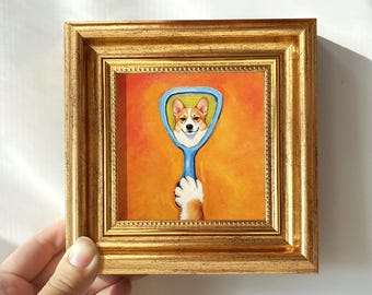 Mini Framed Pet Art "Vanity Corgi" – Funny Dog Home Office Decor, Gift for Corgi Owners
