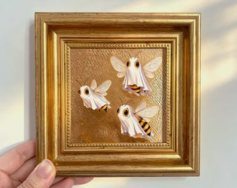 Mini Ghost Bee Gold Leaf Framed Oil Painting – Hand Painted Art, Cute Halloween Decor, Gift for Bee Lovers