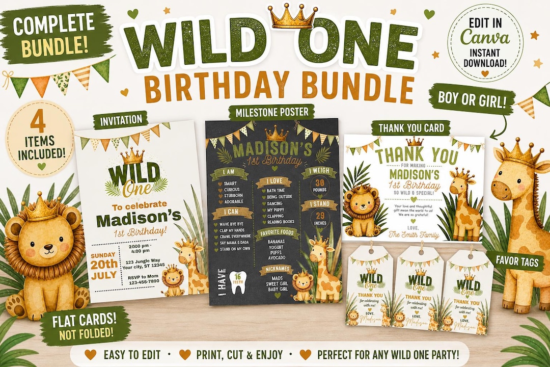 Wild One Birthday Bundle | Editable Jungle Safari Party Pack (digital ...