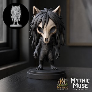 May include: A stylized figurine of a creature with a skull-like head, pointed ears, and long dark hair, featuring a dark furry body with clawed hands. The figure stands on a circular base, with a smaller circular inset showing the same figure.