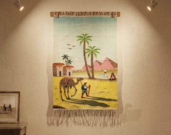 Vintage Egyptian Desert Scene Kilim Wall Hanging, Handwoven Camel & Palm Tree Tapestry Rug 3.9x2.6 Size Kilim