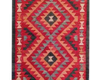 Afghan KIllim Rug, Small Geometric Wool Accent Rug 3.3x2.5 ft, Vintage Flatweave Kilim Rug, Red Black Tribal Design, Handmade Wool Rug.