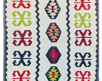 Handmade Wool Kilim, White flateweave Killim – Colorful Geometric Tribal Boho Entryway Carpet (4x2.1 ft)