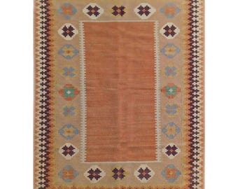 Handmade Biege Wool Killim Rug 4.9x3.2 ft, Peach Beige Geometric Tribal Design, Vintage Area Rug