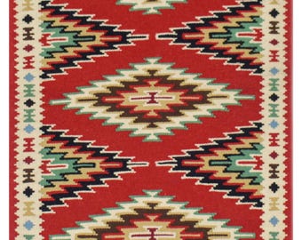 Handwoven Red Geometric Kilim Rug, Tribal Flatweave Doormat (123x71cm)