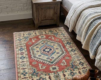 Geomatric pattern, Wool Kazak Oriental Accent Rug 2x3 Handwoven Wool Kilim Rug 3.1x2.1 ft, Oriental Small Area Rug, Bohemian decorating rug