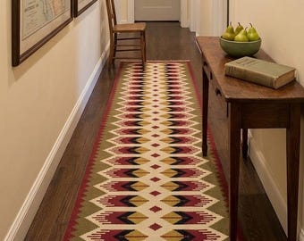 Flateweave Runner Rug Handwoven Wool Kilim Runner Rug 6x2 ft – Geometric Tribal Pattern Vintage Style Hallway Carpet,Fateweave boho Rug