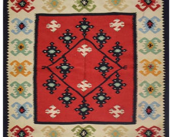 Red Kilim 100% Wool,Square Kilim Rug 3.4x3 ft – Vintage Tribal Flatweave Carpet, Red Center Boho Area Rug, Traditional Handmade Square Rug