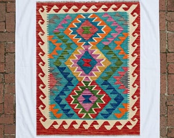 Maimna Afghan,Colorful  Kilim Rug 4.2x2.8 ft – Vintage Turkish Style Wool Area Rug, Geometric Tribal Boho Carpet,