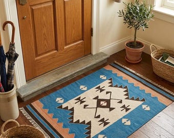 Vintage Blue Tribal Kilim Rug – Handwoven Geometric Accent Rug, 3.7x2.3 Ft. Vintage Southwestern Kilim –Blue Nomadic Kilim Rug